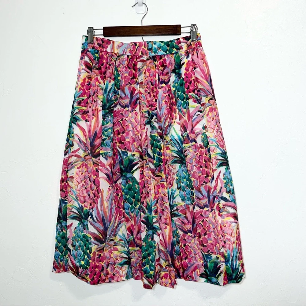 J.Crew A-Line Midi Skirt Ratti Painted Pink Pineapple Print Elastic Waist